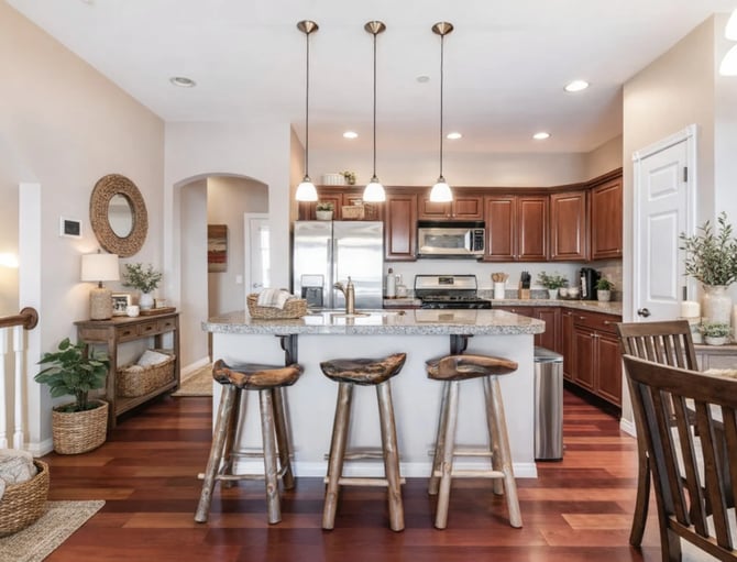 Open-plan kitchen and dining area with wood cabinetry, granite island, three pendant lights, and wood bar stools